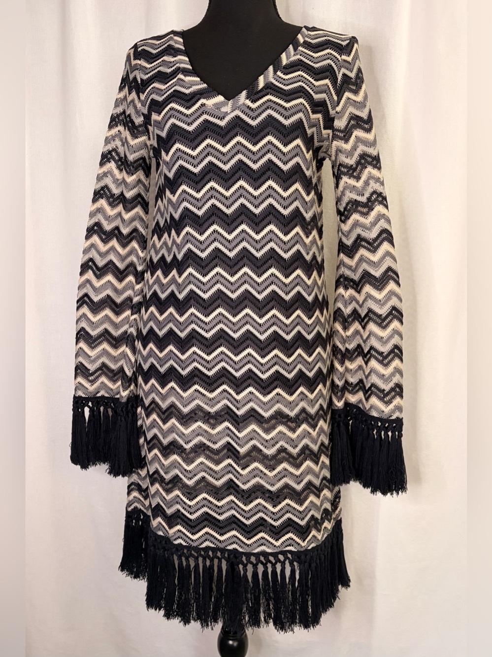 Anthropologie Boutique Large Lamb Label Chevron Fringe Knit Tunic Dress Cover Up